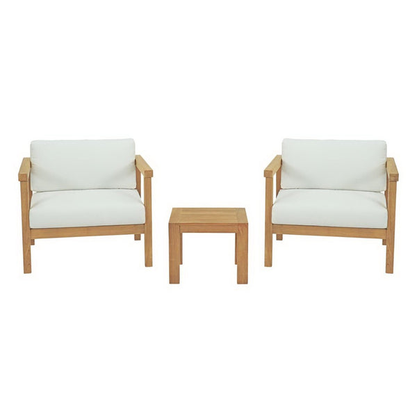 Modway Furniture Bayport 3-Piece Teak Outdoor Patio Set with Cushions – Weather-Resistant, Modern Comfort for Relaxation EEI-3112-NAT-WHI-SET
