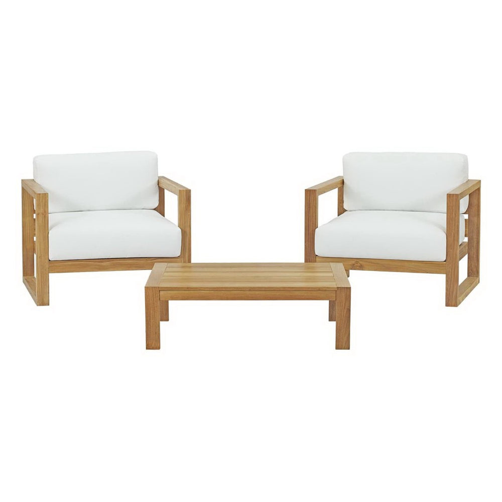 Modway Furniture Upland 3 Piece Outdoor Teak Patio Set with All-Weather Cushions – Modern Comfort for Any Space EEI-3114-NAT-WHI-SET