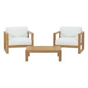 Modway Furniture Upland 3 Piece Outdoor Teak Patio Set with All-Weather Cushions – Modern Comfort for Any Space EEI-3114-NAT-WHI-SET