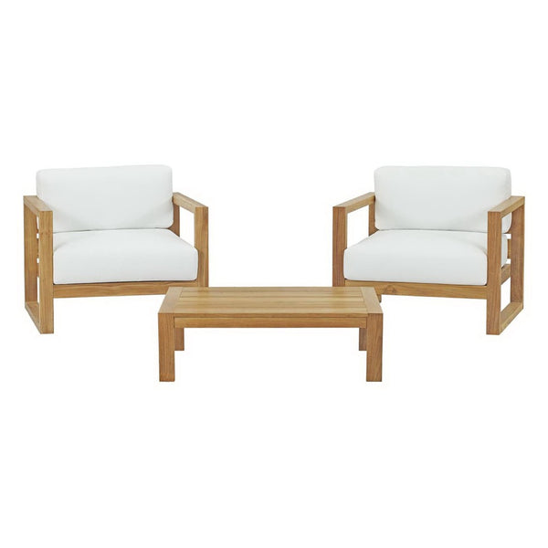 Modway Furniture Upland 3 Piece Outdoor Teak Patio Set with All-Weather Cushions – Modern Comfort for Any Space EEI-3114-NAT-WHI-SET