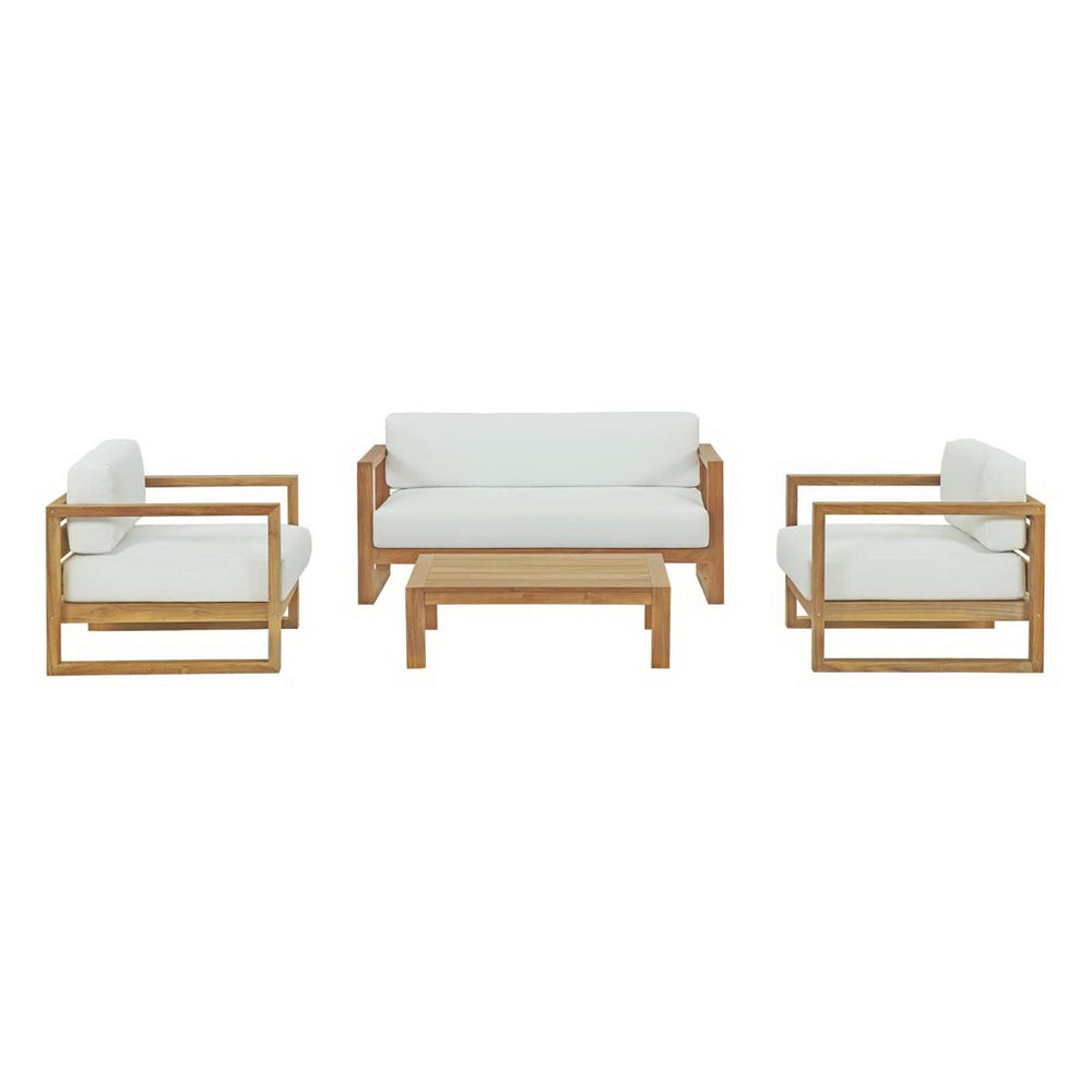 Modway Furniture Upland 4-Piece Modern Outdoor Teak Patio Set with Plush All-Weather Cushions for Stylish Relaxation EEI-3116-NAT-WHI-SET