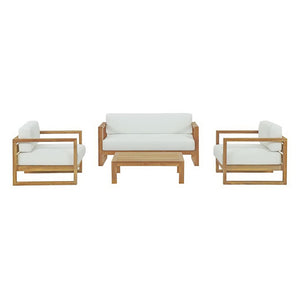 Modway Furniture Upland 4-Piece Modern Outdoor Teak Patio Set with Plush All-Weather Cushions for Stylish Relaxation EEI-3116-NAT-WHI-SET