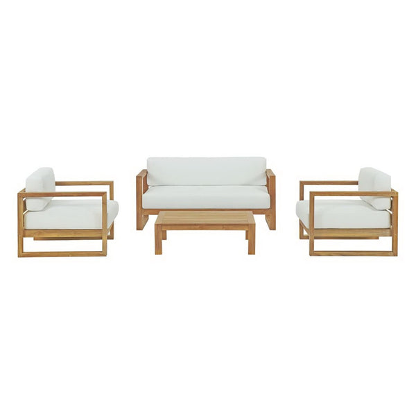 Modway Furniture Upland 4-Piece Modern Outdoor Teak Patio Set with Plush All-Weather Cushions for Stylish Relaxation EEI-3116-NAT-WHI-SET