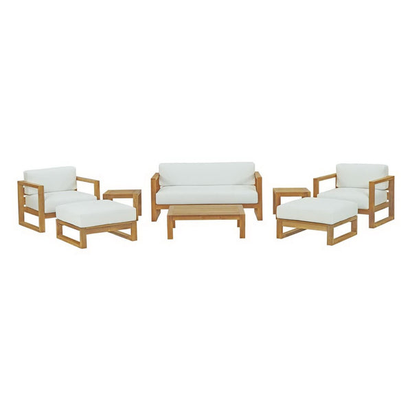 Modway Furniture Upland 8-Piece Outdoor Teak Patio Set with Plush White Cushions for Stylish, Durable Comfort EEI-3117-NAT-WHI-SET