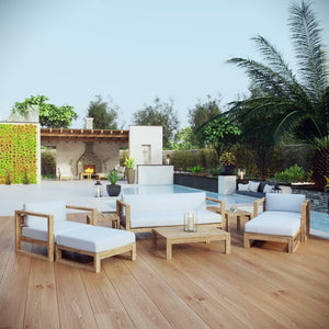 Modway Furniture Upland 8-Piece Outdoor Teak Patio Set with Plush White Cushions for Stylish, Durable Comfort EEI-3117-NAT-WHI-SET