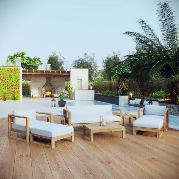 Modway Furniture Upland 8-Piece Outdoor Teak Patio Set with Plush White Cushions for Stylish, Durable Comfort EEI-3117-NAT-WHI-SET