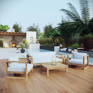 Modway Furniture Upland 6-Piece Teak Outdoor Patio Set with Weather-Resistant Cushions for Stylish Relaxation EEI-3118-NAT-WHI-SET