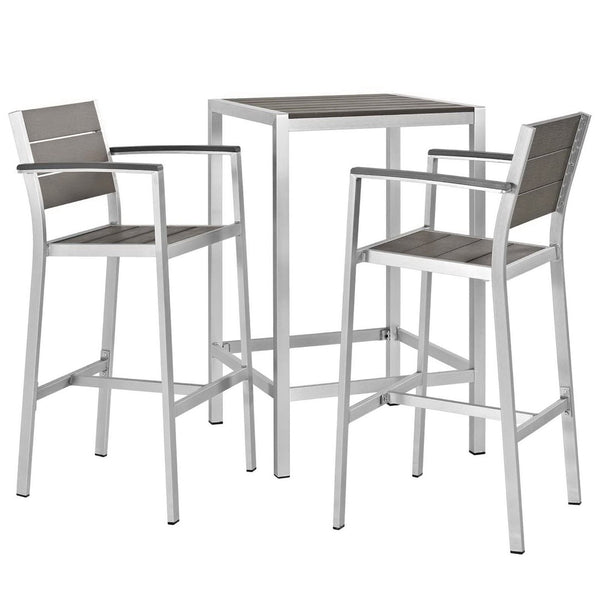 Modway Furniture Shore 3 Piece Aluminum Pub Set - Modern Outdoor Patio Furniture for Stylish Entertaining & Durability EEI-3157-SLV-GRY-SET