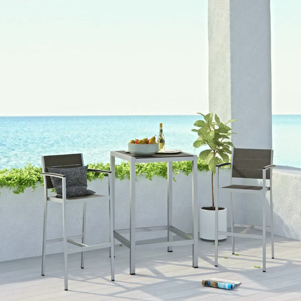 Modway Furniture Shore 3 Piece Aluminum Pub Set - Modern Outdoor Patio Furniture for Stylish Entertaining & Durability EEI-3157-SLV-GRY-SET