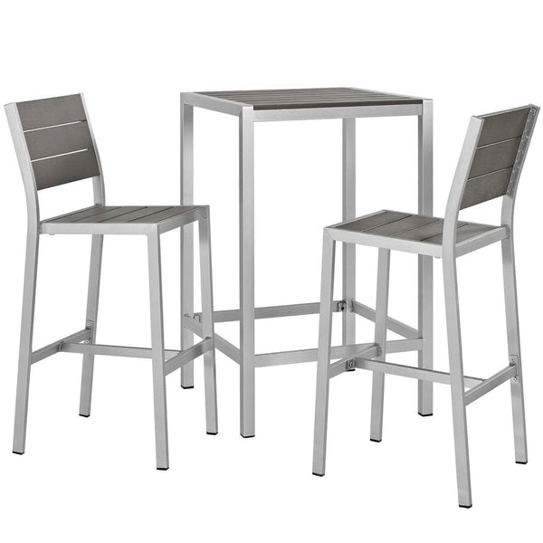 Modway Furniture Shore 3 Piece Outdoor Patio Aluminum Pub Set - Stylish, Durable, and Easy-Care for Modern Spaces EEI-3158-SLV-GRY-SET