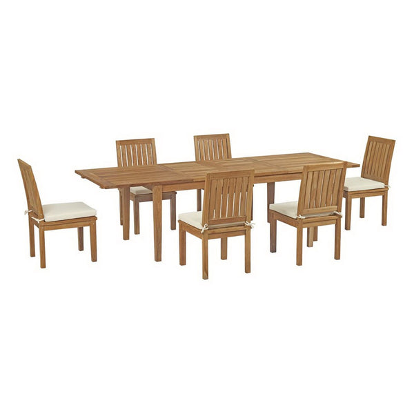 Modway Furniture Marina 7 Piece Teak Outdoor Dining Set with All-Weather Cushions for Stylish Alfresco Gatherings EEI-3207-NAT-WHI-SET