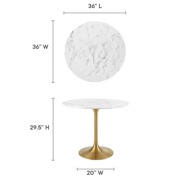 Modway Furniture Lippa 36" Round Faux Marble Dining Table - Modern Mid-Century Style, Gold Base for Small Spaces EEI-3214-GLD-WHI