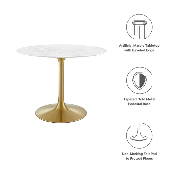 Modway Furniture Lippa 40" Round Faux Marble Dining Table - Modern Elegance with Gold Pedestal for Small Spaces EEI-3231-GLD-WHI