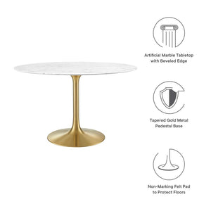 Modway Furniture Lippa 48" Round Faux Marble Dining Table - Mid-Century Gold Pedestal Base, Stylish & Durable Design EEI-3232-GLD-WHI