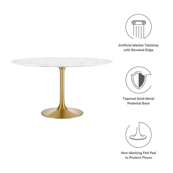 Modway Furniture Lippa 54" Round Faux Marble Pedestal Dining Table – Elegant Mid-Century Design with Gold Base EEI-3233-GLD-WHI