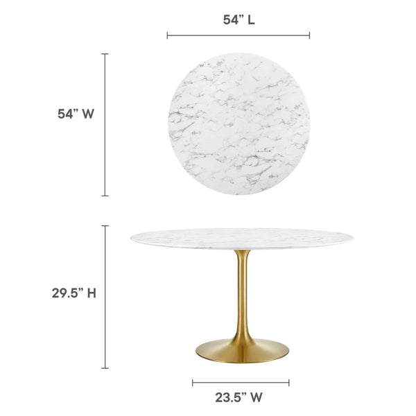 Modway Furniture Lippa 54" Round Faux Marble Pedestal Dining Table – Elegant Mid-Century Design with Gold Base EEI-3233-GLD-WHI