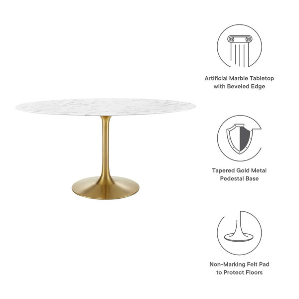 Modway Furniture Lippa 60" Oval Faux Marble Dining Table – Modern Mid-Century Design with Gold Base, Seats 6 Comfortably EEI-3236-GLD-WHI