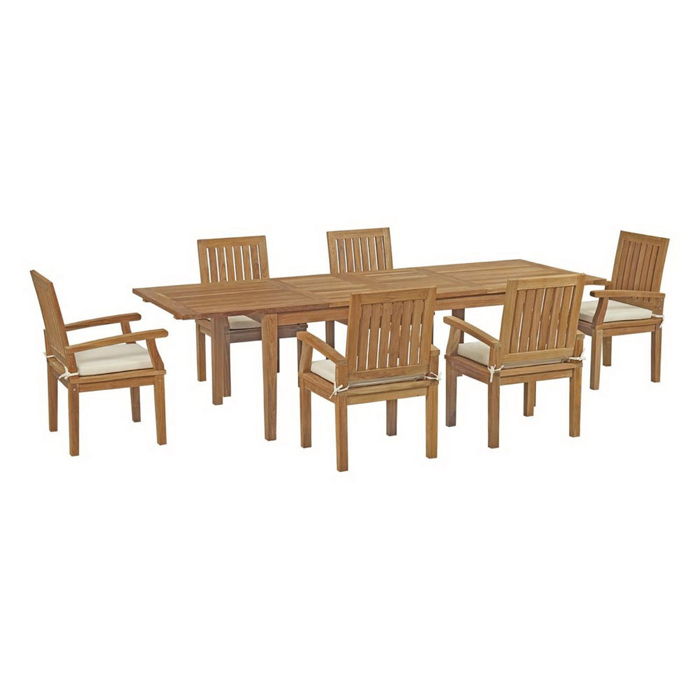 Modway Furniture Marina 7-Piece Solid Teak Outdoor Dining Set with Plush Cushions for Stylish Alfresco Meals EEI-3279-NAT-WHI-SET