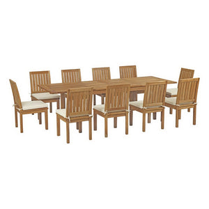 Modway Furniture Marina 11-Piece Outdoor Teak Dining Set with All-Weather Cushions for Elegant Alfresco Gatherings EEI-3282-NAT-WHI-SET
