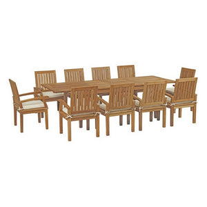 Modway Furniture Marina 11-Piece Teak Outdoor Dining Set with Cushions – Durable, Elegant & Weather-Resistant Design EEI-3283-NAT-WHI-SET