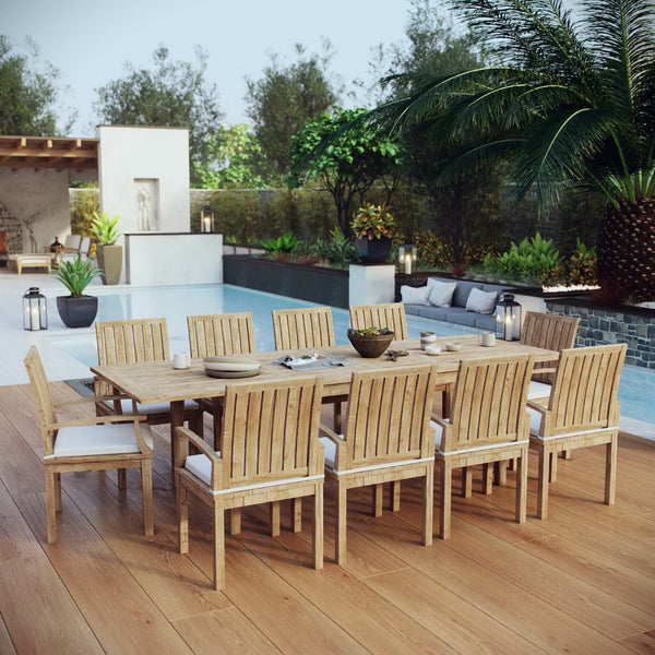 Modway Furniture Marina 11-Piece Teak Outdoor Dining Set with Cushions – Durable, Elegant & Weather-Resistant Design EEI-3283-NAT-WHI-SET
