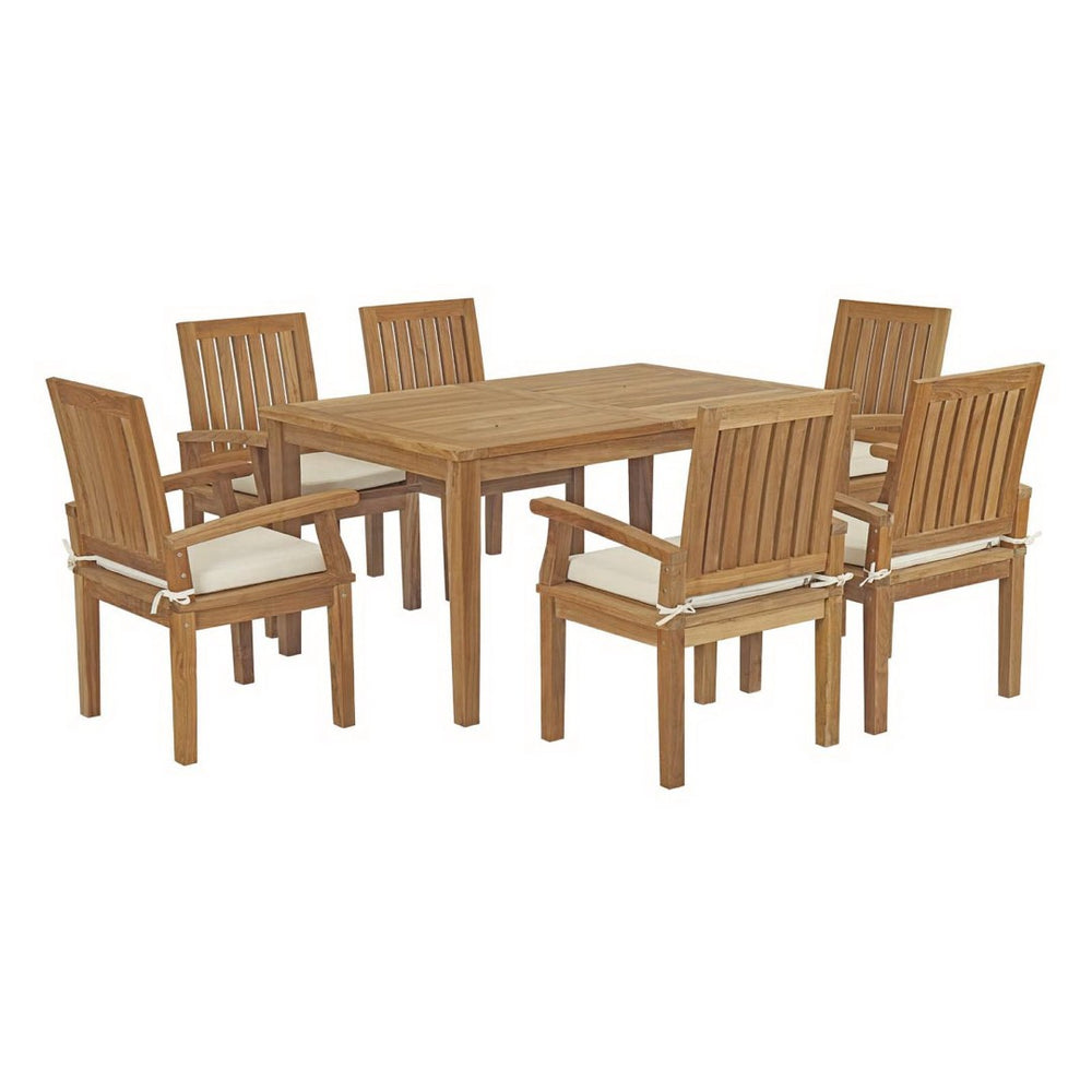 Modway Furniture Marina 7-Piece Teak Outdoor Dining Set with Weather-Resistant Cushions for Elegant Entertaining EEI-3292-NAT-WHI-SET