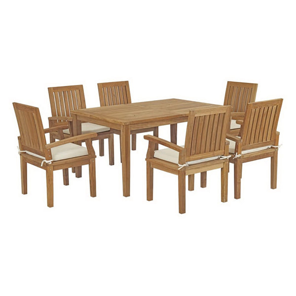 Modway Furniture Marina 7-Piece Teak Outdoor Dining Set with Weather-Resistant Cushions for Elegant Entertaining EEI-3292-NAT-WHI-SET