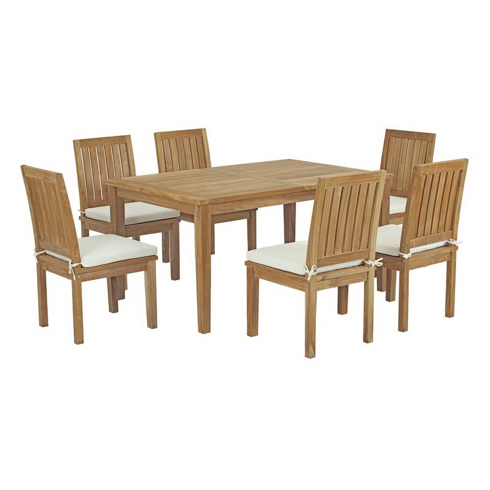 Modway Furniture Marina 7-Piece Teak Dining Set with Weather-Resistant Cushions for Stylish Outdoor Entertaining EEI-3293-NAT-WHI-SET