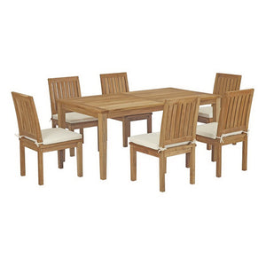 Modway Furniture Marina 7-Piece Teak Outdoor Dining Set with All-Weather Cushions for Stylish Coastal Gatherings EEI-3294-NAT-WHI-SET