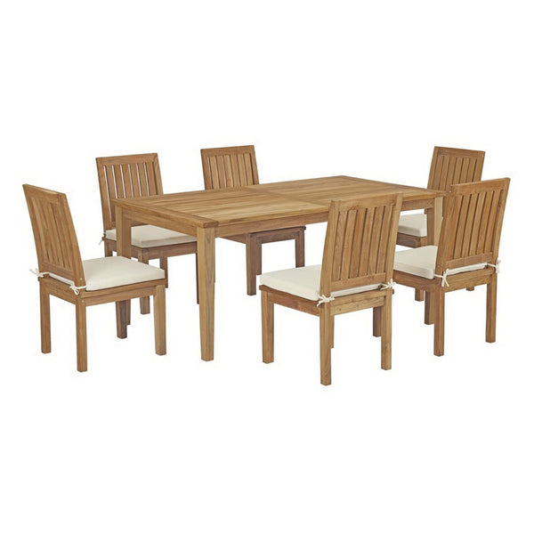 Modway Furniture Marina 7-Piece Teak Outdoor Dining Set with All-Weather Cushions for Stylish Coastal Gatherings EEI-3294-NAT-WHI-SET