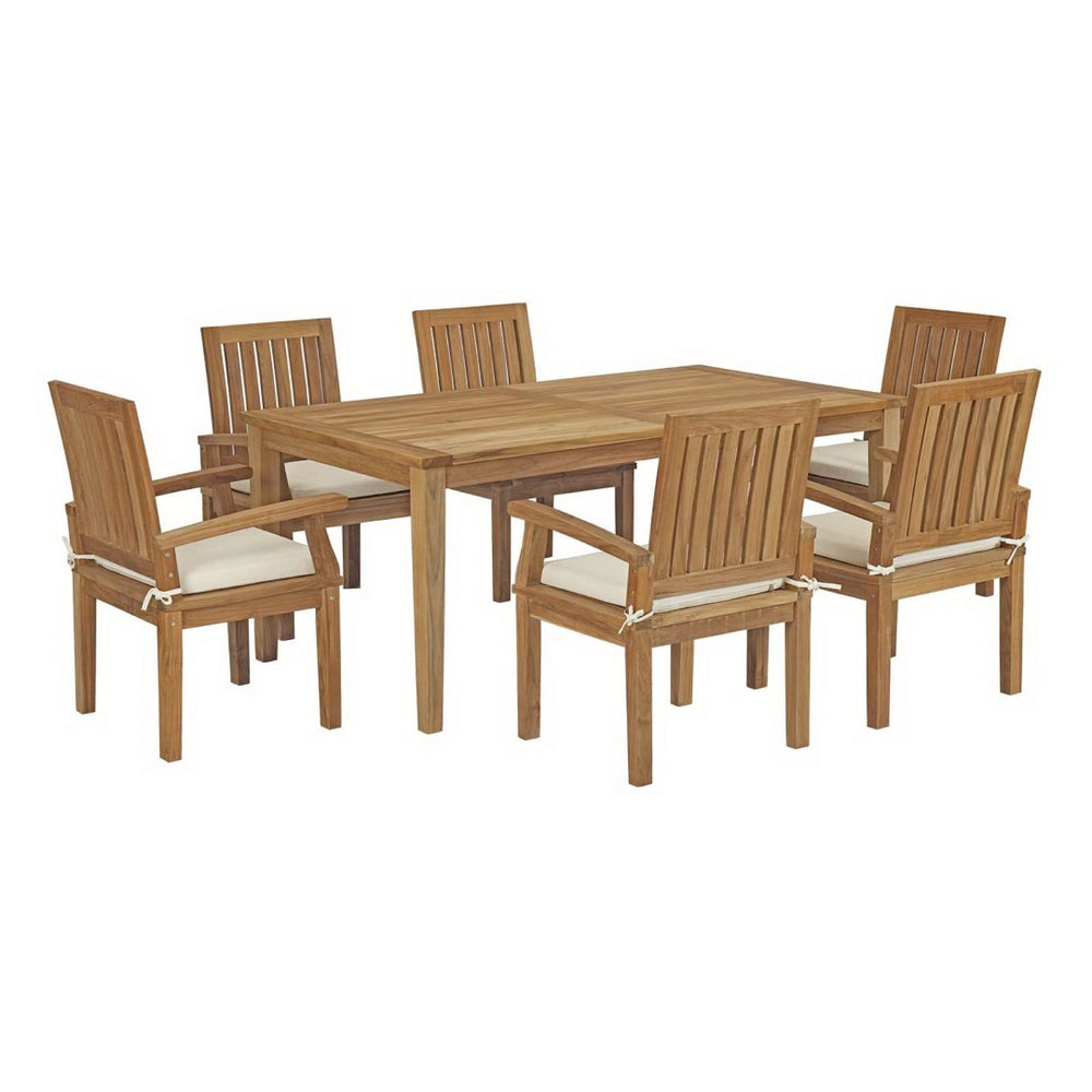 Modway Furniture Marina 7-Piece Teak Outdoor Dining Set with Plush Cushions for Stylish Al Fresco Gatherings EEI-3295-NAT-WHI-SET