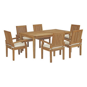 Modway Furniture Marina 7-Piece Teak Outdoor Dining Set with Plush Cushions for Stylish Al Fresco Gatherings EEI-3295-NAT-WHI-SET
