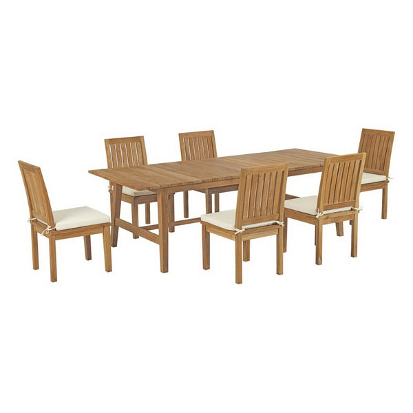 Modway Furniture Marina 7-Piece Teak Outdoor Dining Set with Weather-Resistant Cushions for Stylish Alfresco Comfort EEI-3307-NAT-WHI-SET