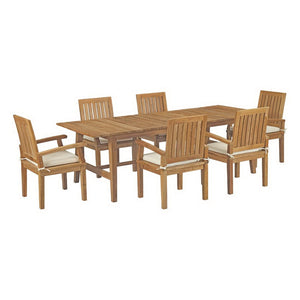 Modway Furniture Marina 7-Piece Teak Outdoor Dining Set - Weather-Resistant, Stylish, Comfortable for Year-Round Use EEI-3308-NAT-WHI-SET