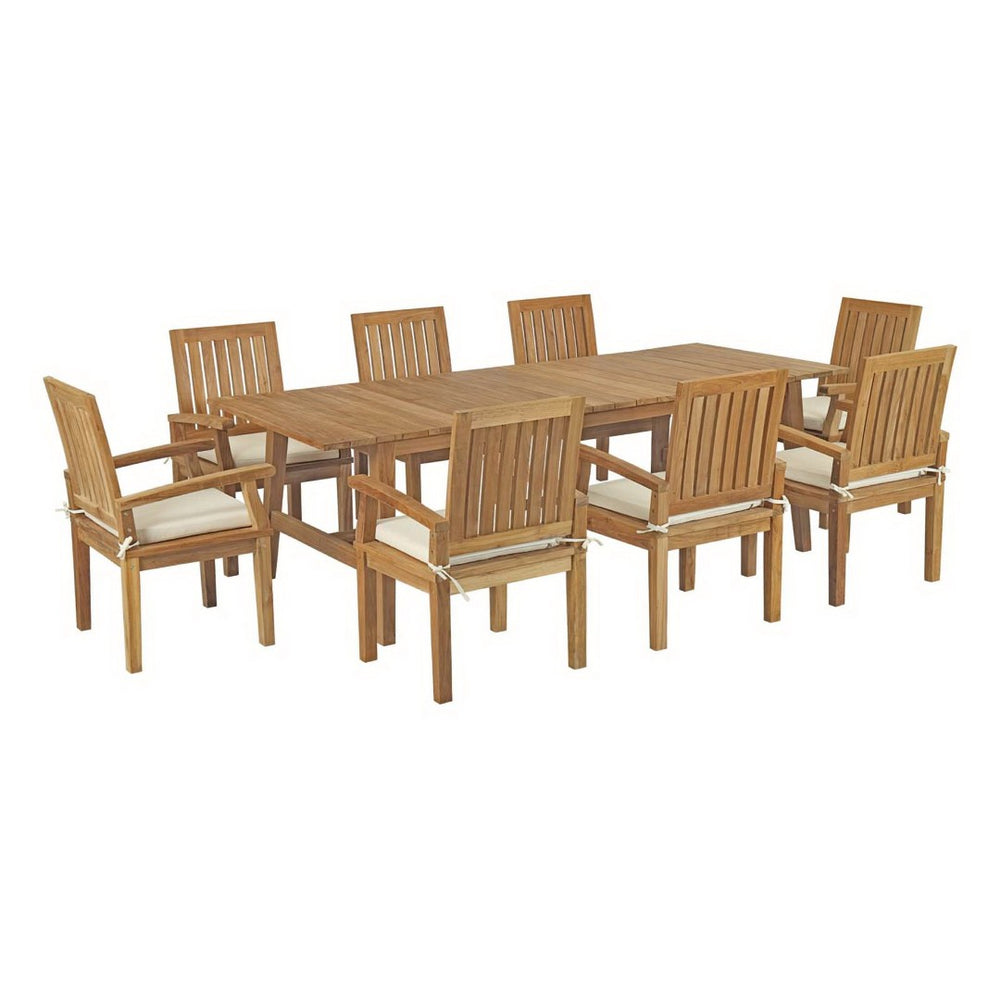 Modway Furniture Marina 9-Piece Teak Outdoor Dining Set - Modern Patio Furniture with All-Weather Cushions & Style EEI-3312-NAT-WHI-SET