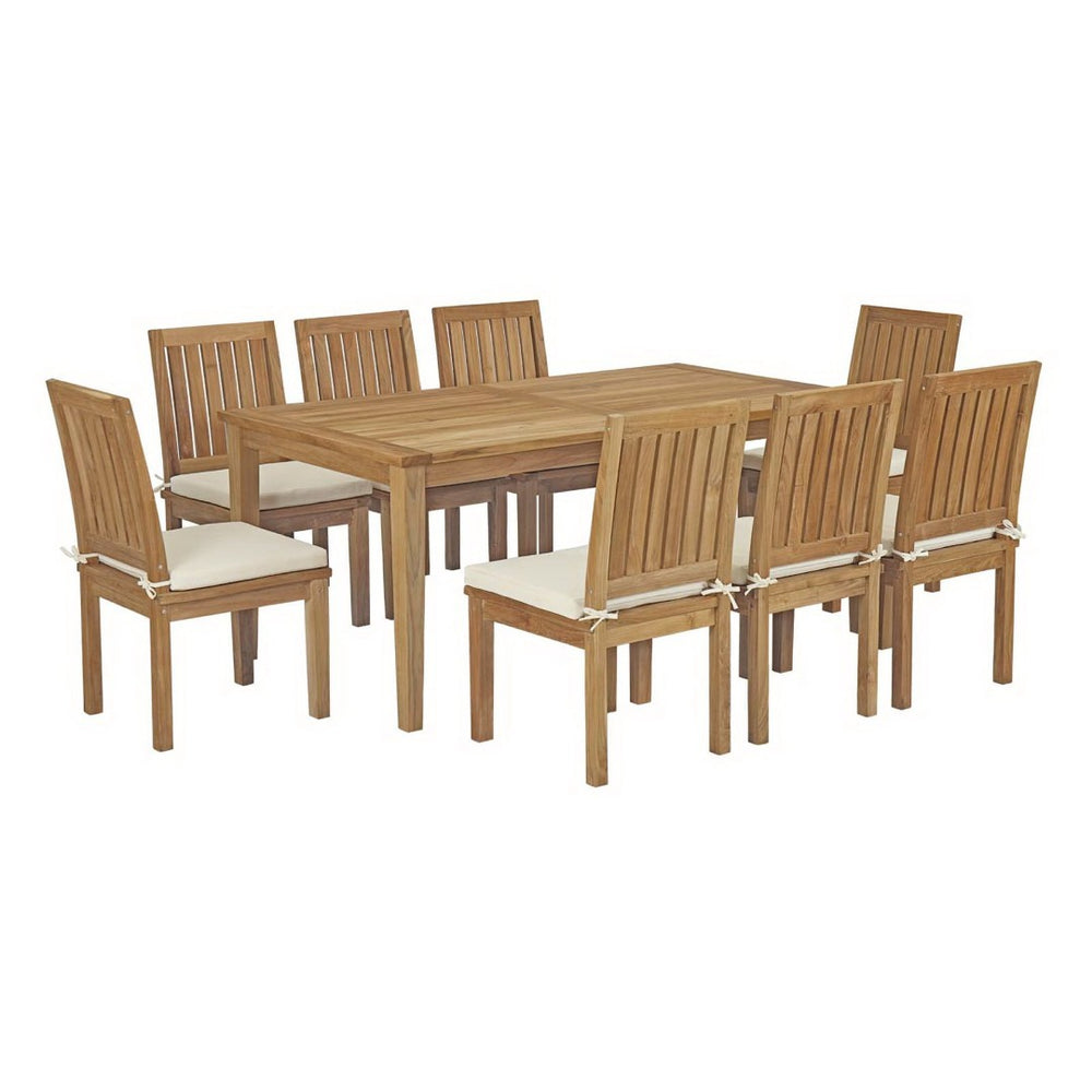 Modway Furniture Marina 9-Piece Teak Outdoor Dining Set with Plush Cushions – Durable, Stylish & Perfect for Gatherings EEI-3315-NAT-WHI-SET