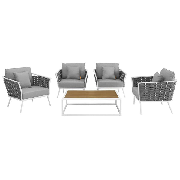 Modway Furniture Stance 5 Piece Modular Outdoor Sectional Sofa Set - Durable Aluminum Frame with Waterproof Cushions EEI-3321-WHI-GRY-SET