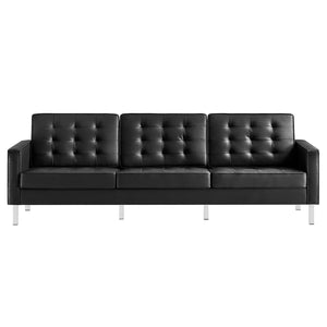 Modway Furniture Loft Tufted Vegan Leather Sofa - Mid-Century Modern Design with Durable Supportive Comfort Silver Black EEI-3385-SLV-BLK