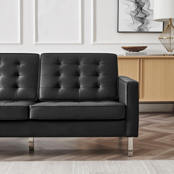 Modway Furniture Loft Tufted Vegan Leather Sofa - Mid-Century Modern Design with Durable Supportive Comfort Silver Black EEI-3385-SLV-BLK