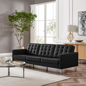 Modway Furniture Loft Tufted Vegan Leather Sofa - Mid-Century Modern Design with Durable Supportive Comfort Silver Black EEI-3385-SLV-BLK