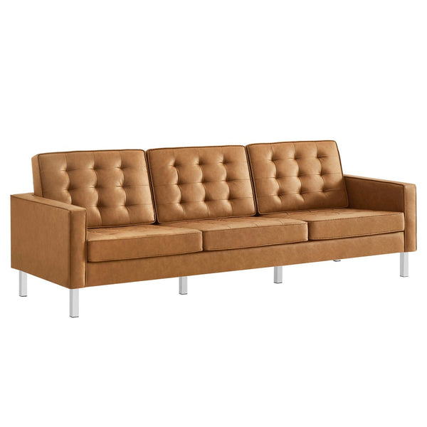 Modway Furniture Loft Tufted Vegan Leather Sofa - Mid-Century Modern Design with Durable Supportive Comfort Silver Tan EEI-3385-SLV-TAN