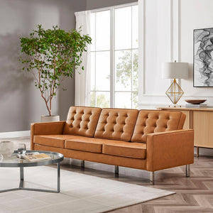 Modway Furniture Loft Tufted Vegan Leather Sofa - Mid-Century Modern Design with Durable Supportive Comfort Silver Tan EEI-3385-SLV-TAN