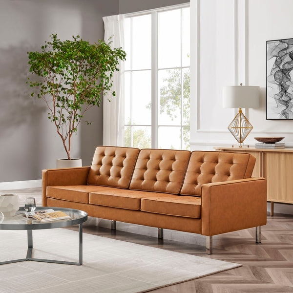 Modway Furniture Loft Tufted Vegan Leather Sofa - Mid-Century Modern Design with Durable Supportive Comfort Silver Tan EEI-3385-SLV-TAN