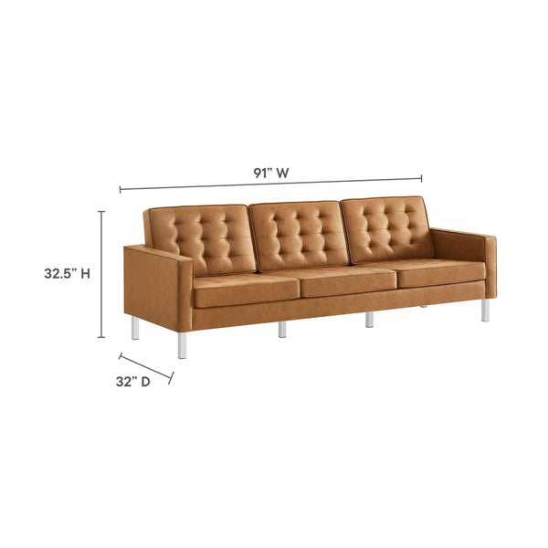 Modway Furniture Loft Tufted Vegan Leather Sofa - Mid-Century Modern Design with Durable Supportive Comfort Silver Tan EEI-3385-SLV-TAN