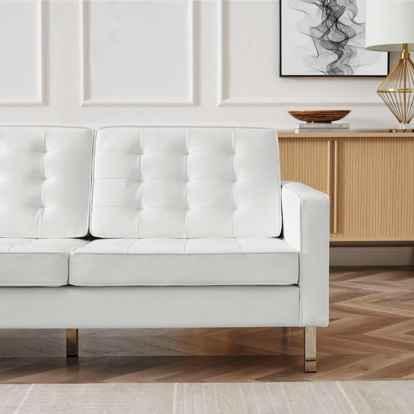 Modway Furniture Loft Tufted Vegan Leather Sofa - Mid-Century Modern Design with Durable Supportive Comfort Silver White EEI-3385-SLV-WHI