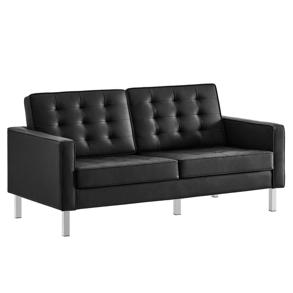 Modway Furniture Loft 2-Piece Tufted Vegan Leather Furniture Set - Stylish Mid-Century Modern Design for Any Space Silver Black EEI-4106-SLV-BLK-SET
