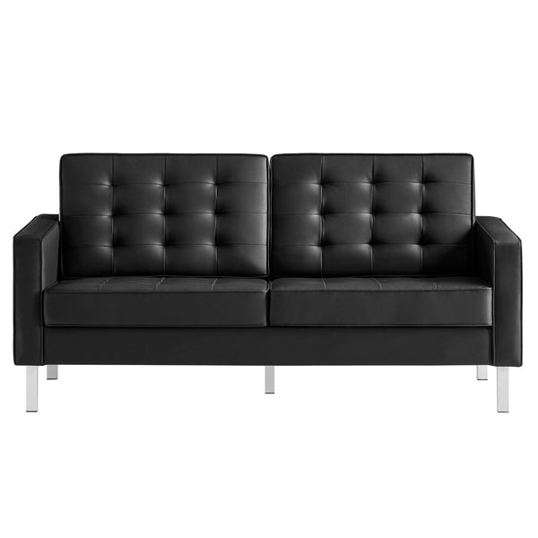 Modway Furniture Loft Tufted Vegan Leather Loveseat – Modern Mid-Century Design with Durable Comfort & Style Silver Black EEI-3388-SLV-BLK