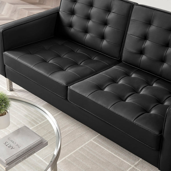 Modway Furniture Loft Tufted Vegan Leather Loveseat – Modern Mid-Century Design with Durable Comfort & Style Silver Black EEI-3388-SLV-BLK