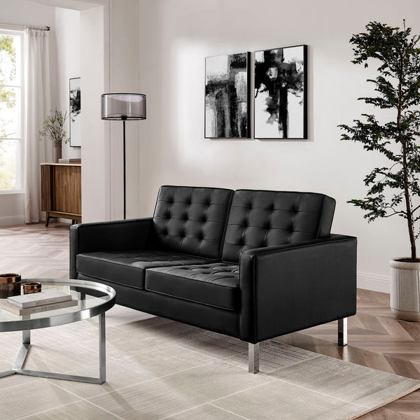 Modway Furniture Loft Tufted Vegan Leather Loveseat – Modern Mid-Century Design with Durable Comfort & Style Silver Black EEI-3388-SLV-BLK