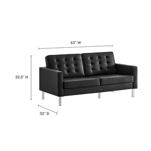 Modway Furniture Loft Tufted Vegan Leather Loveseat – Modern Mid-Century Design with Durable Comfort & Style Silver Black EEI-3388-SLV-BLK